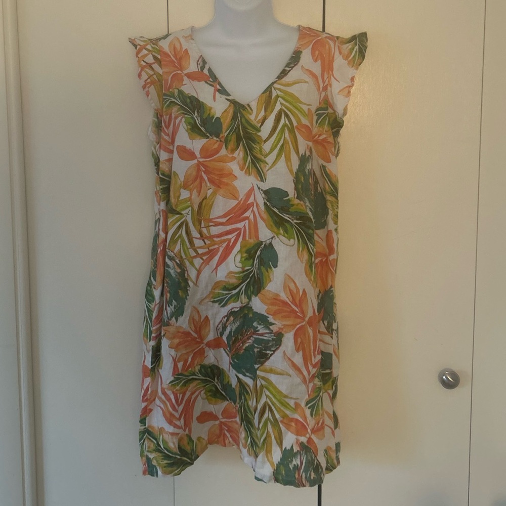 Nicole Miller Linen tropical print V-neck mini dress S
